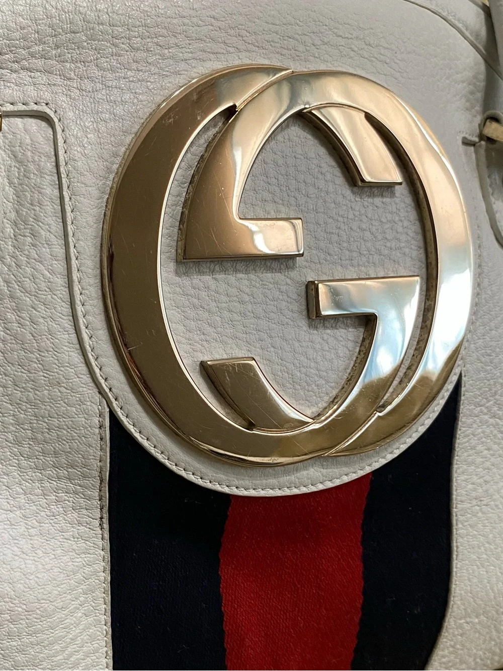 RARE Gucci XL Blondie Travel Bag Dome Satchel Web Stripe Pebble Leather